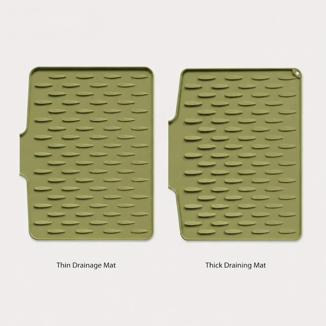 Green silicone countertop drying pad set, thin and thick drainage mats with raised bumps.