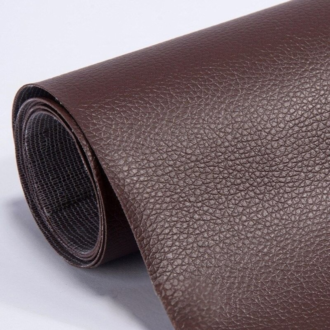Self-adhesive leather patch repair roll in dark brown with textured leather grain
