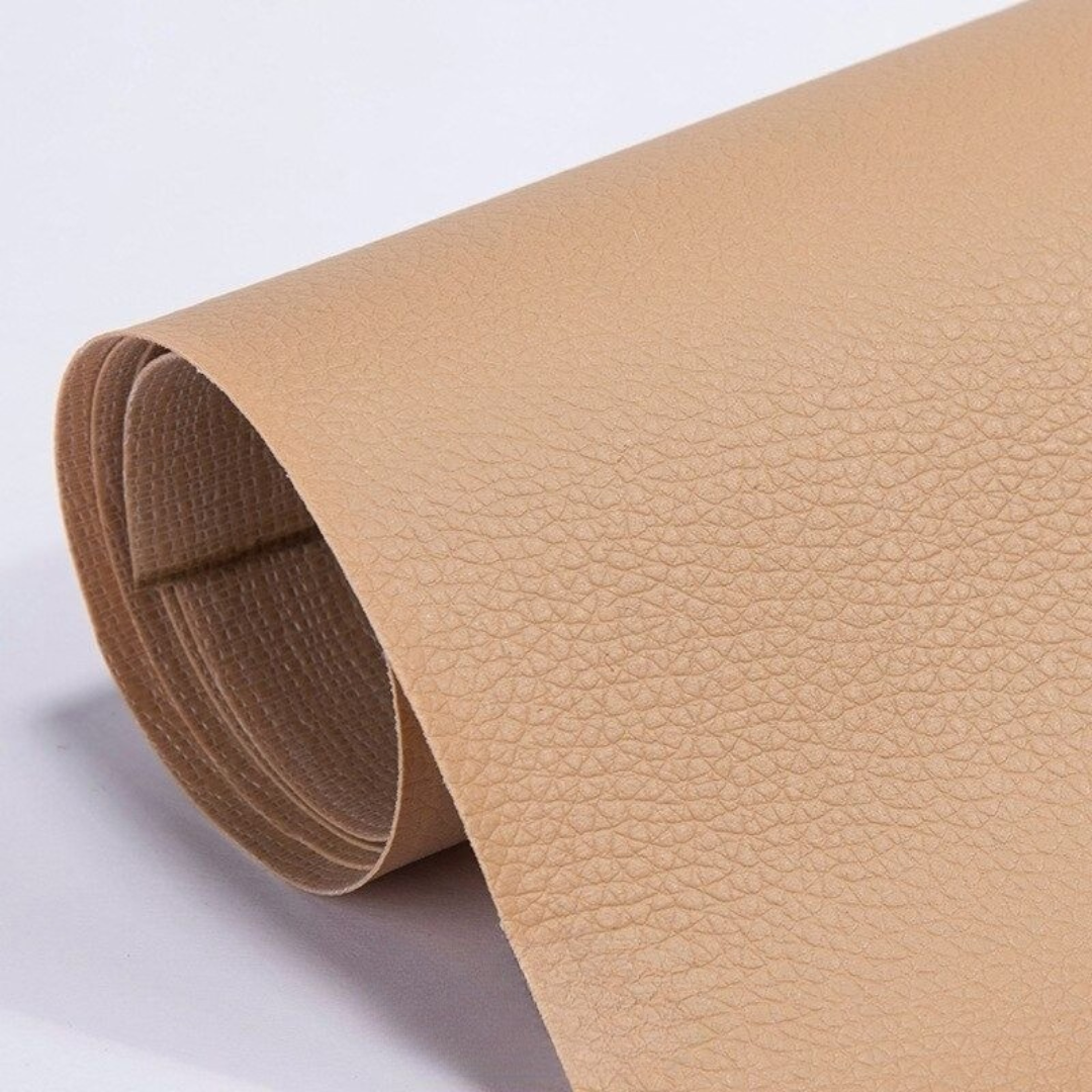 Self-adhesive leather patch repair roll in tan brown with textured leather grain