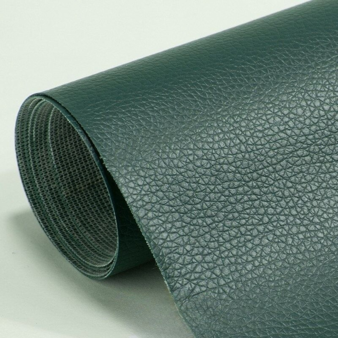 Self-adhesive leather patch repair kit roll, dark green pebbled leather surface