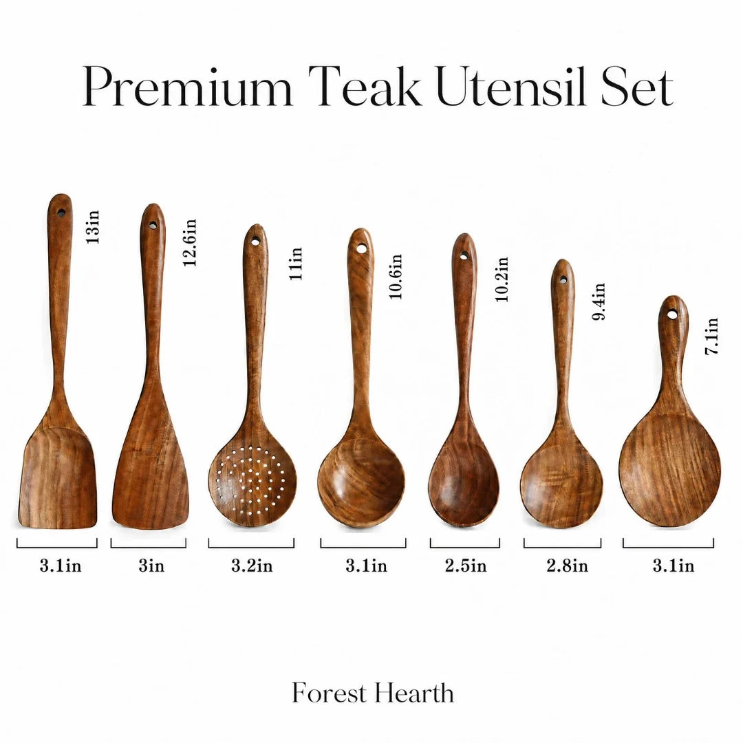 Teak wooden utensil set diagram with labeled sizes for each piece