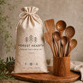 Teak wooden utensil set with drawstring storage bag and 7 cooking utensils