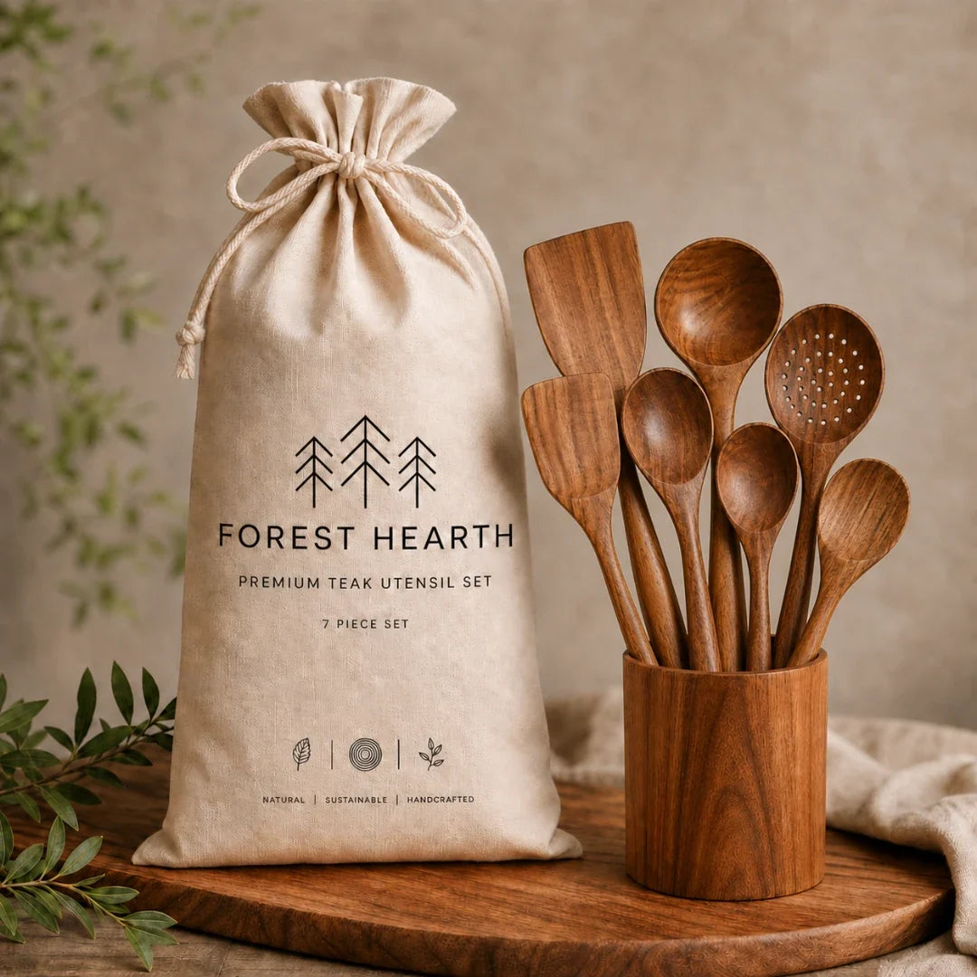 Teak wooden utensil set with drawstring storage bag and 7 cooking utensils