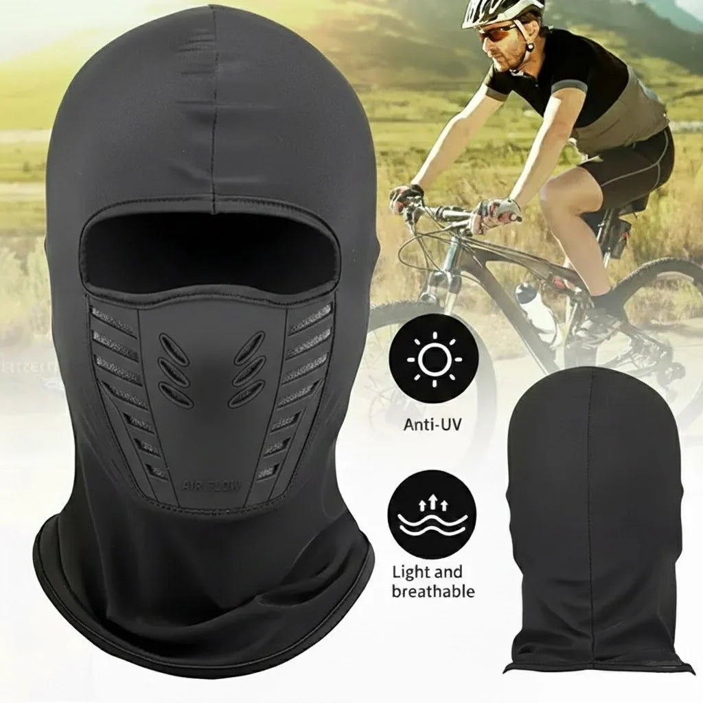 Black thermal balaclava face mask with high hood, breathable front panel, chin coverage