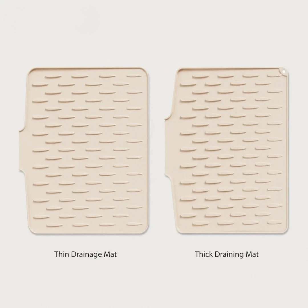 Beige silicone countertop drying pad set, thin and thick drainage mats with raised bumps.