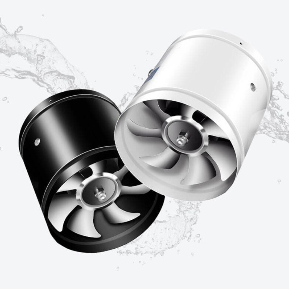 Black and white cylindrical exhaust fans with three-blade impellers and front openings