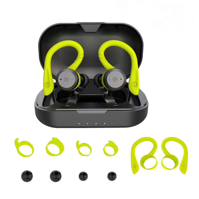 Green wireless sport earbuds with charging case and multiple ear tip sizes