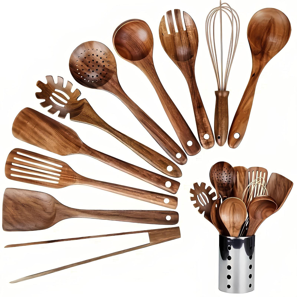 Wooden teak kitchen utensil set with assorted cooking tools in a holder