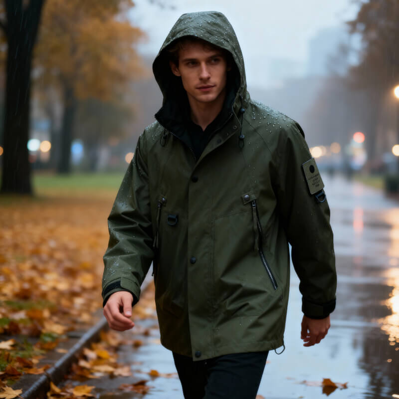 Adjustable hood softshell jacket, styled front view