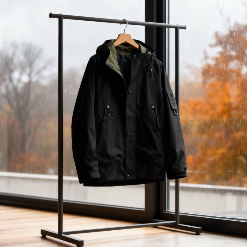 Adjustable hood softshell jacket, full look styled view