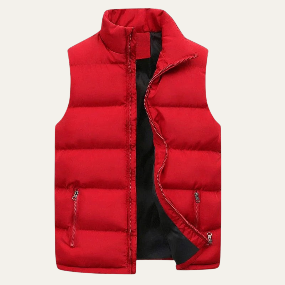 Red slim padded puffer vest with full front zipper and two side pockets