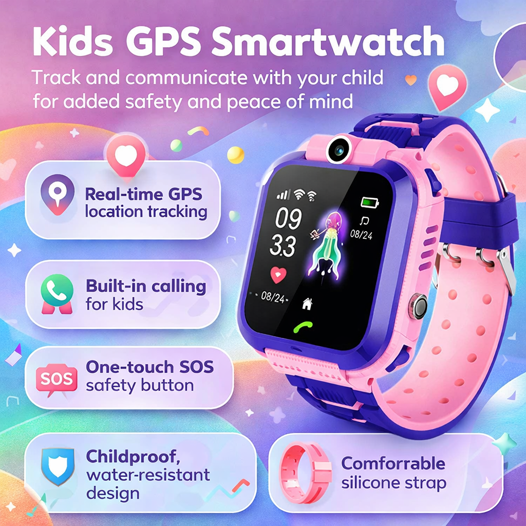 Kids GPS SOS smartwatch shown with purple and pink silicone strap; full-color display with icons.