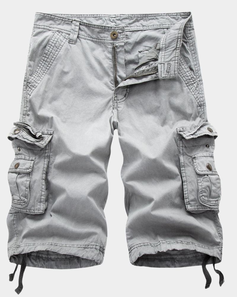 Men's cargo shorts in light gray with zip fly, button waist, and side flap cargo pockets