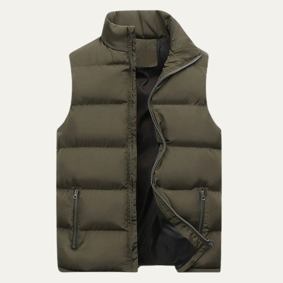 Army green slim padded puffer vest with full front zipper and two side pockets
