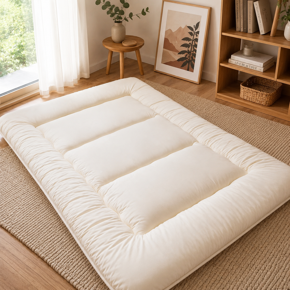 Foldable floor futon mattress, white quilted padded sections