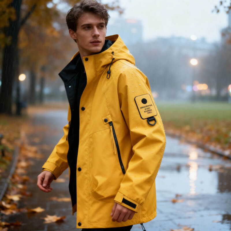 Adjustable hood softshell jacket, worn front view