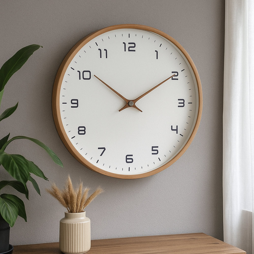 Brown rim wall clock with cream face and gold hands, black numerals