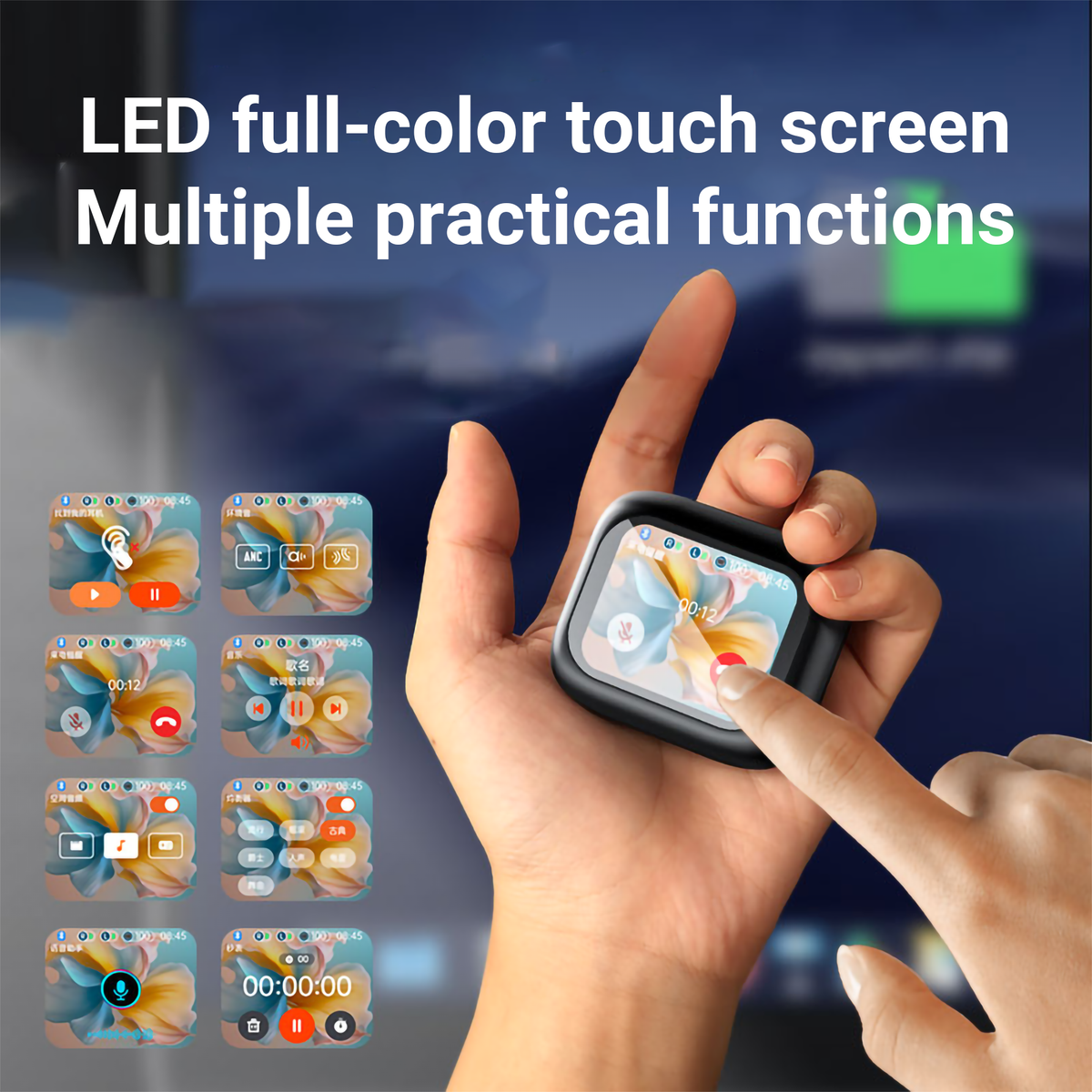 Black charging case with color touch screen held in a hand