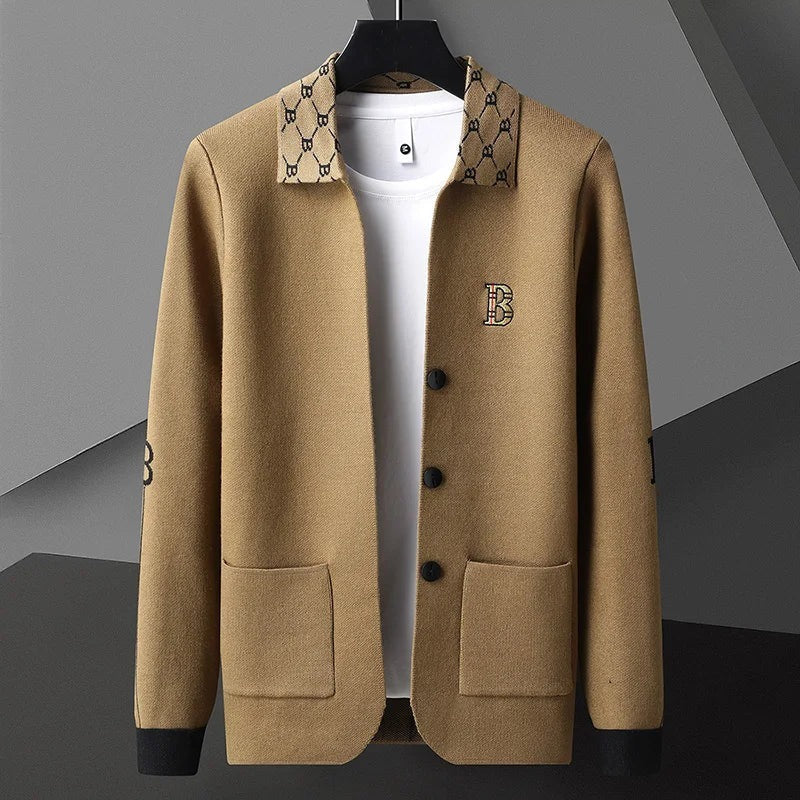 Signature collar button cardigan, side profile