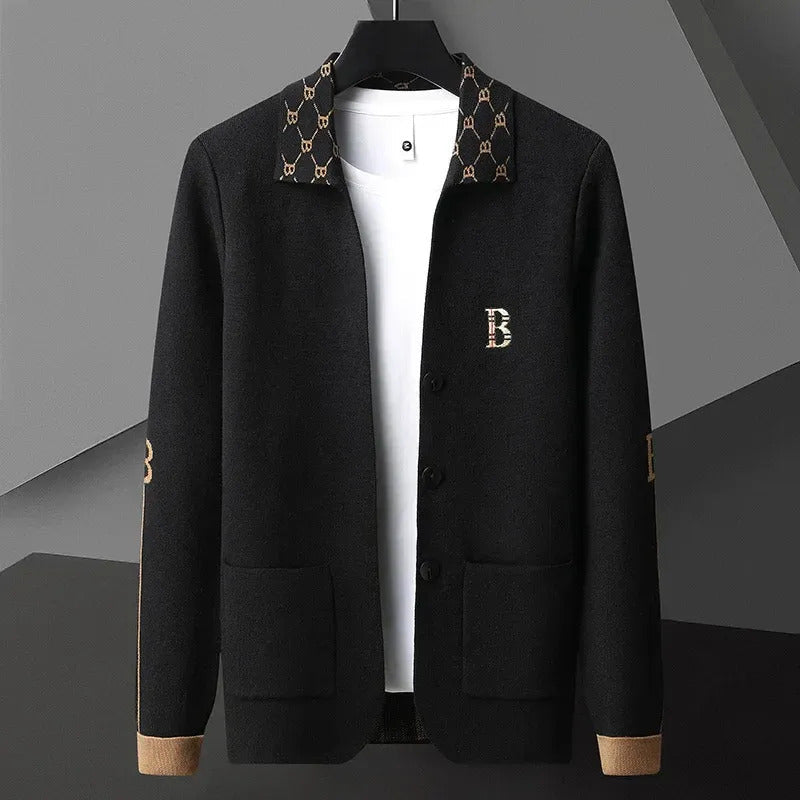 Signature collar button cardigan, worn front view