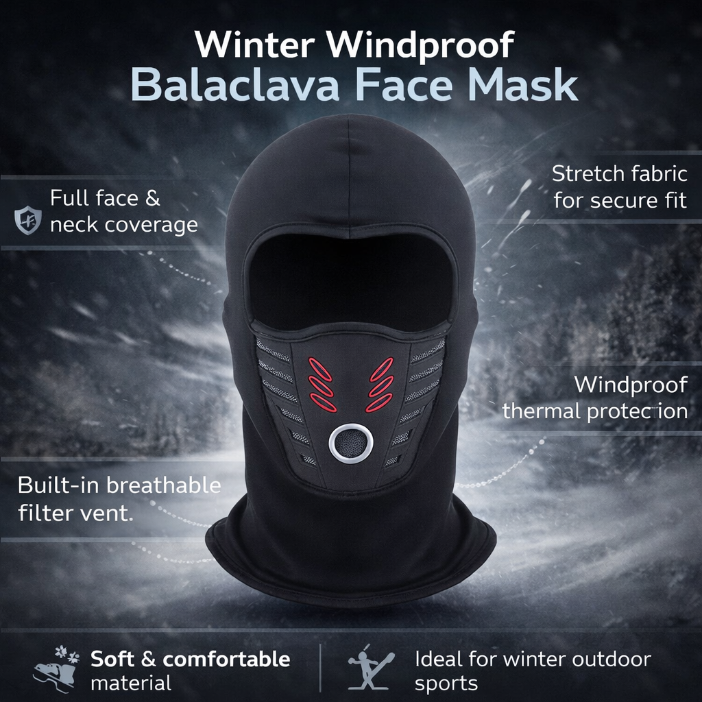 Black windproof thermal balaclava face mask, full neck coverage, red vent front