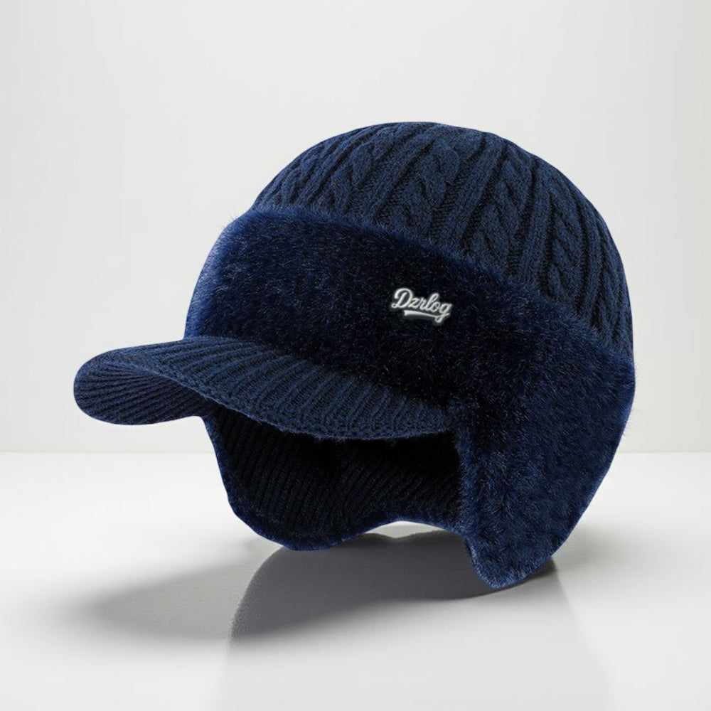 Navy blue trapper ear flap hat with knit crown and baseball visor