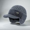 Gray trapper ear flap hat with knit crown, fold-down ear coverage