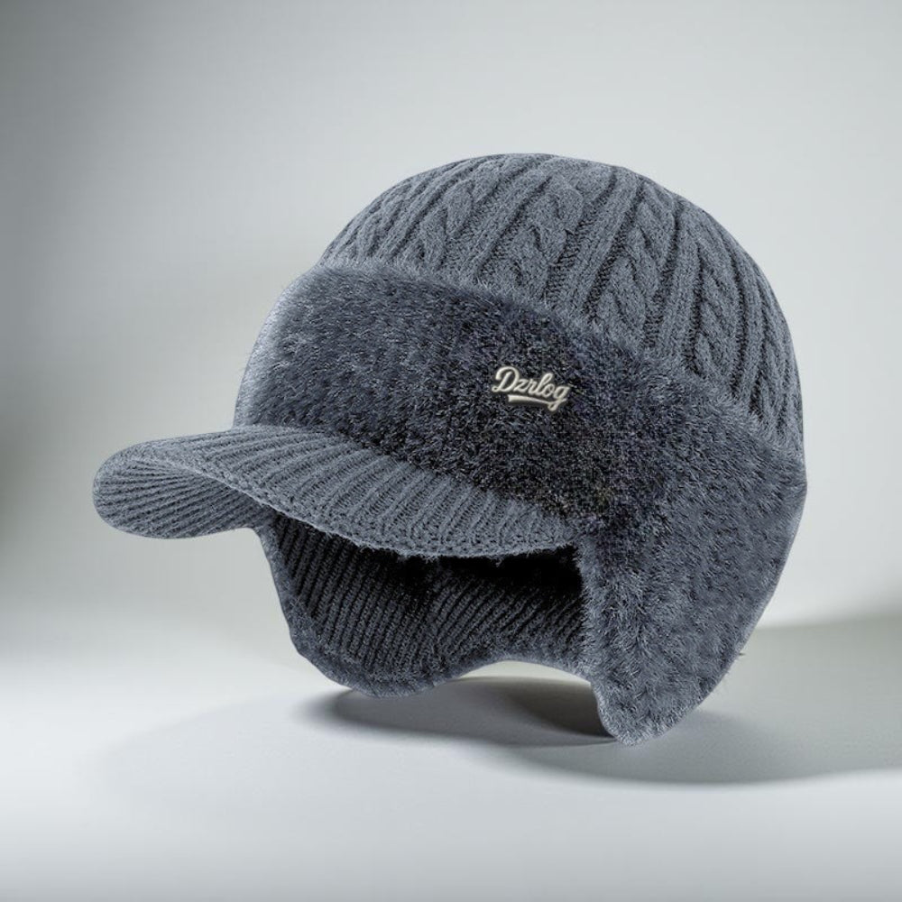 Gray trapper ear flap hat with knit crown, fold-down ear coverage