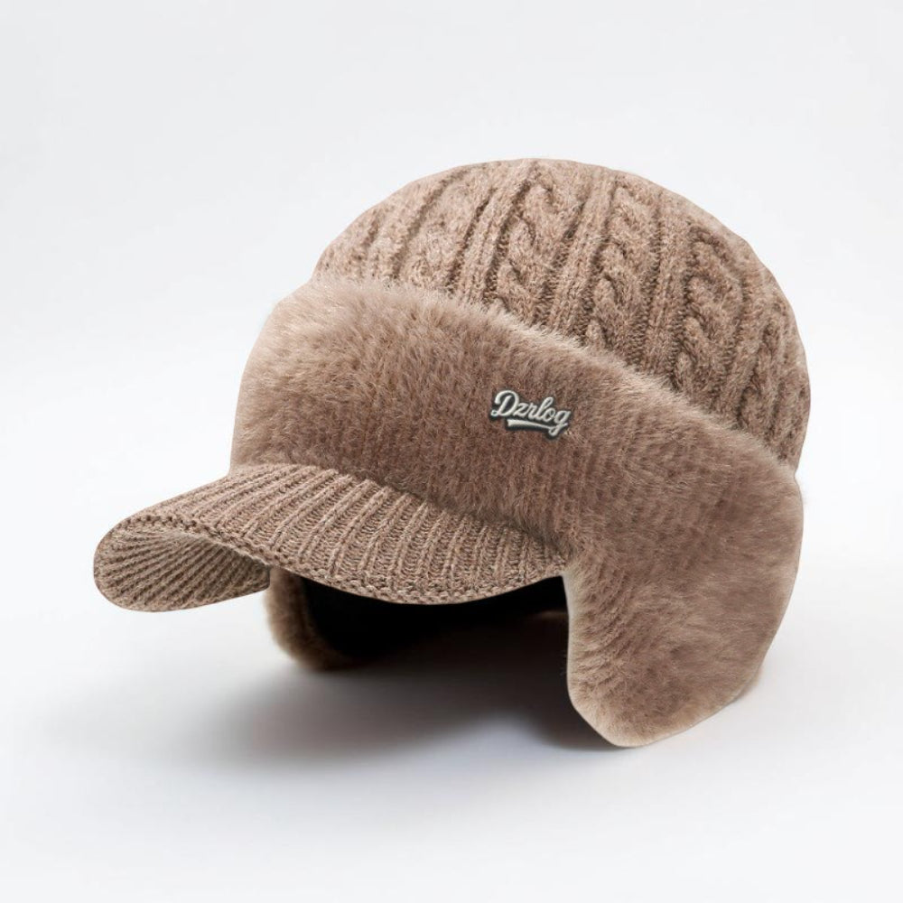 Khaki trapper ear flap hat with knit crown and plush ear flaps