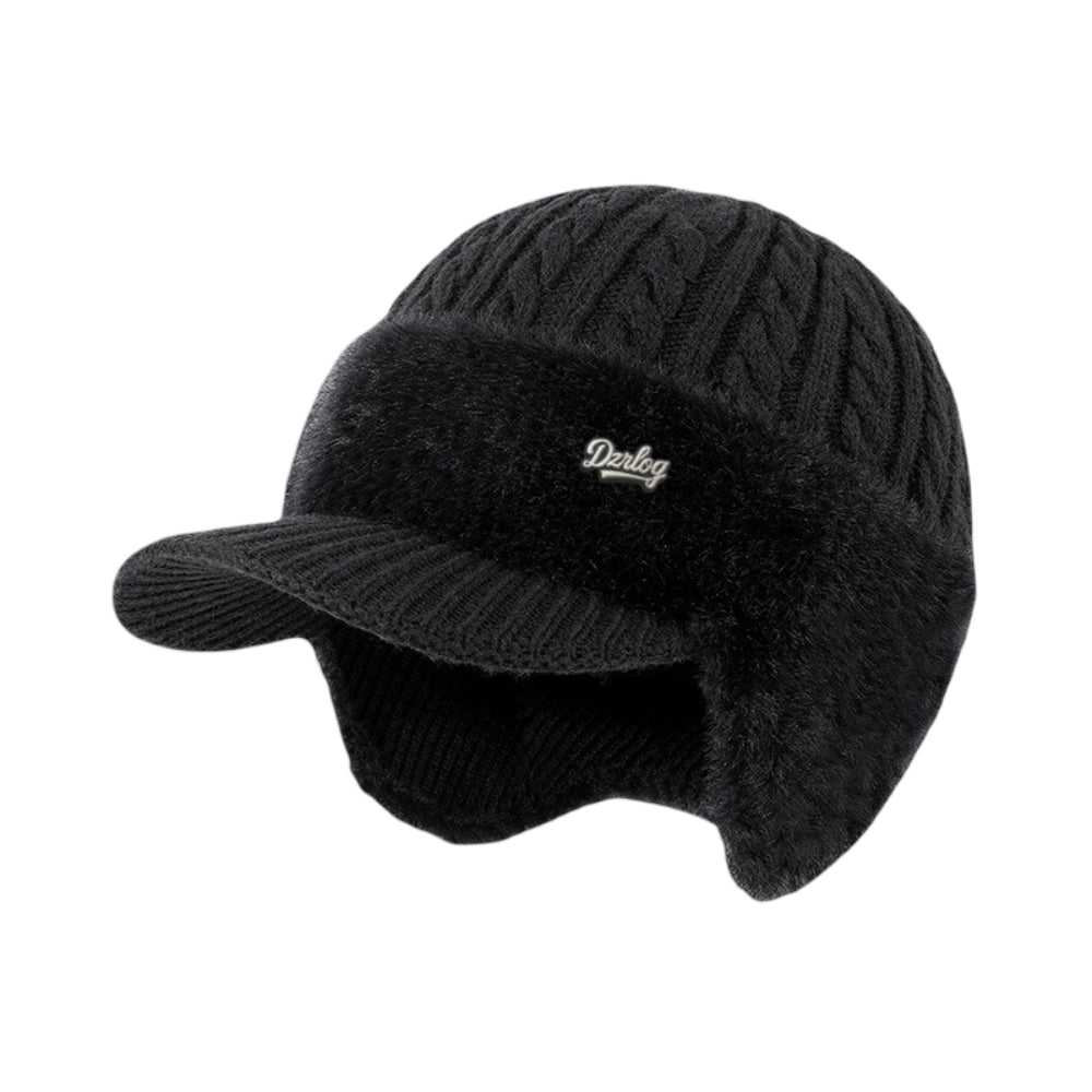 Black fuzzy trapper ear flap hat with Derlog logo patch and ribbed side panels