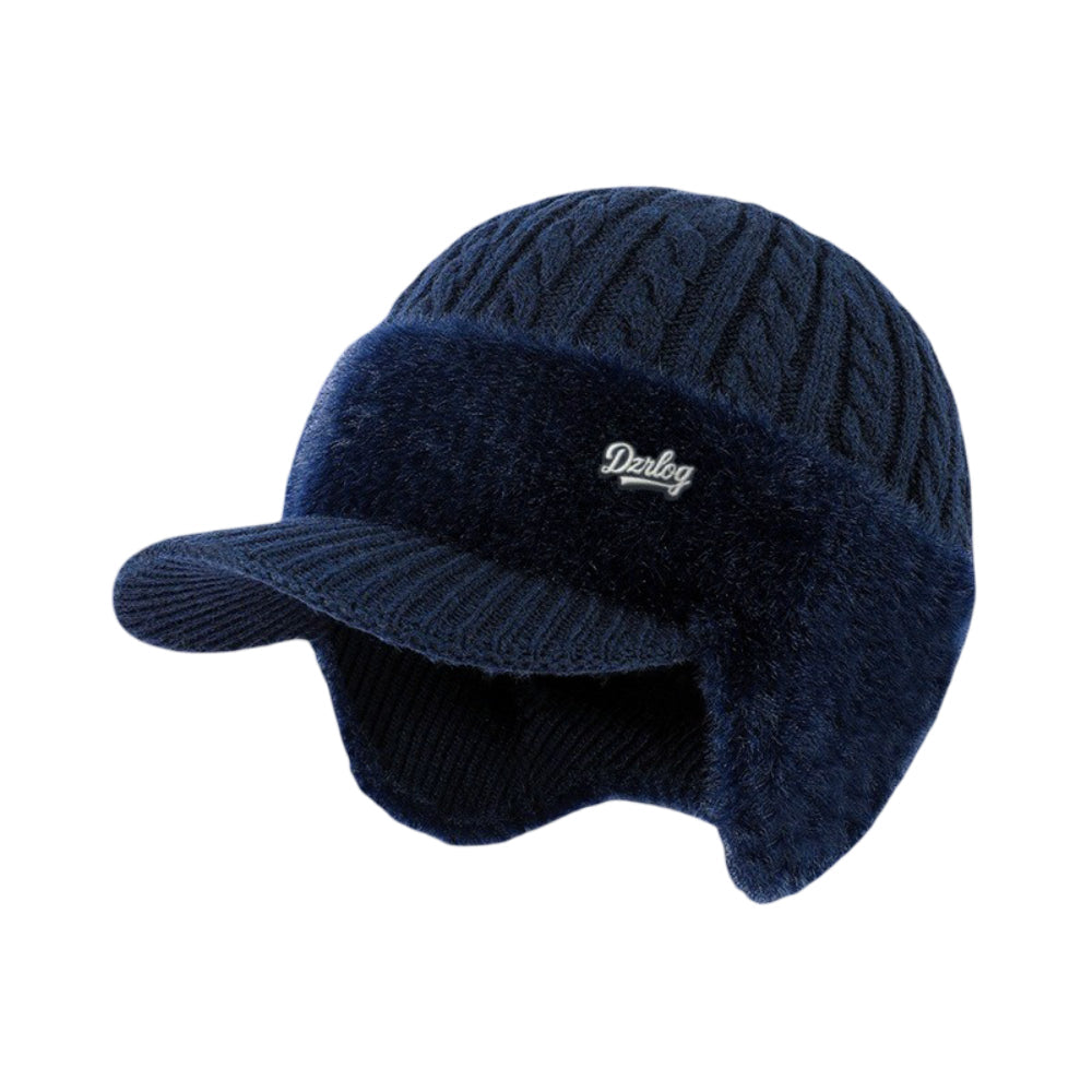Blue knit trapper ear flap hat with Derlog logo patch and fuzzy ear flaps