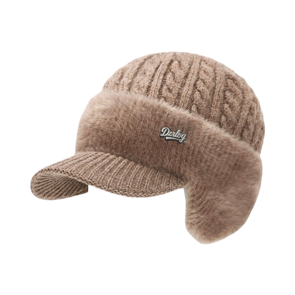 Beige knit trapper ear flap hat with fuzzy brim, ear flaps, and Derlog logo