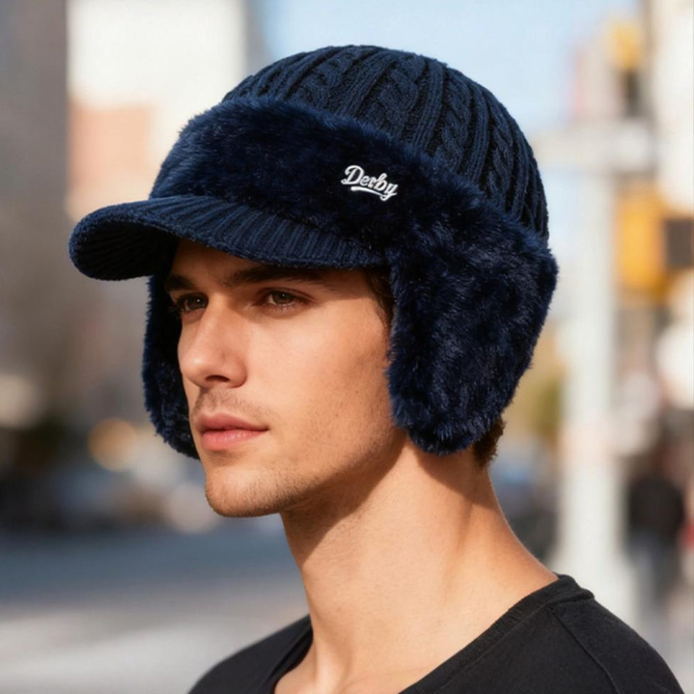 Navy blue trapper ear flap hat with knit crown and plush ear flaps