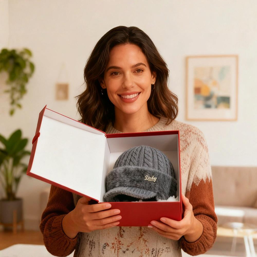 Gray trapper ear flap hat in a gift box with knit crown and visor
