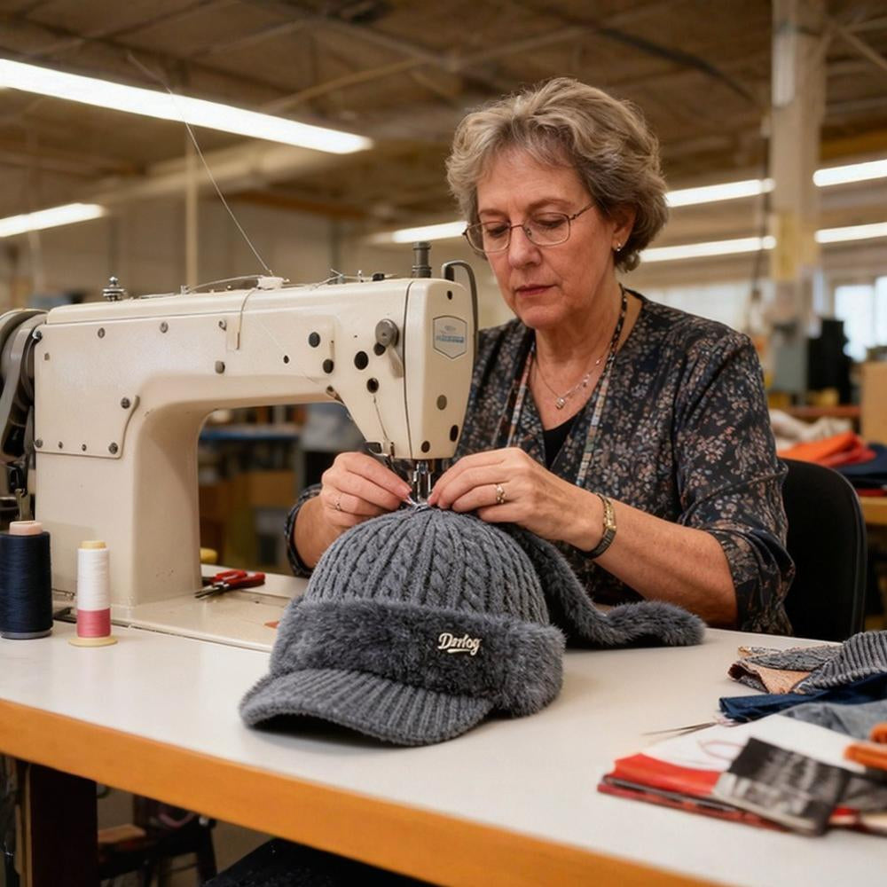 Gray trapper ear flap hat with knit crown and folded ear flaps