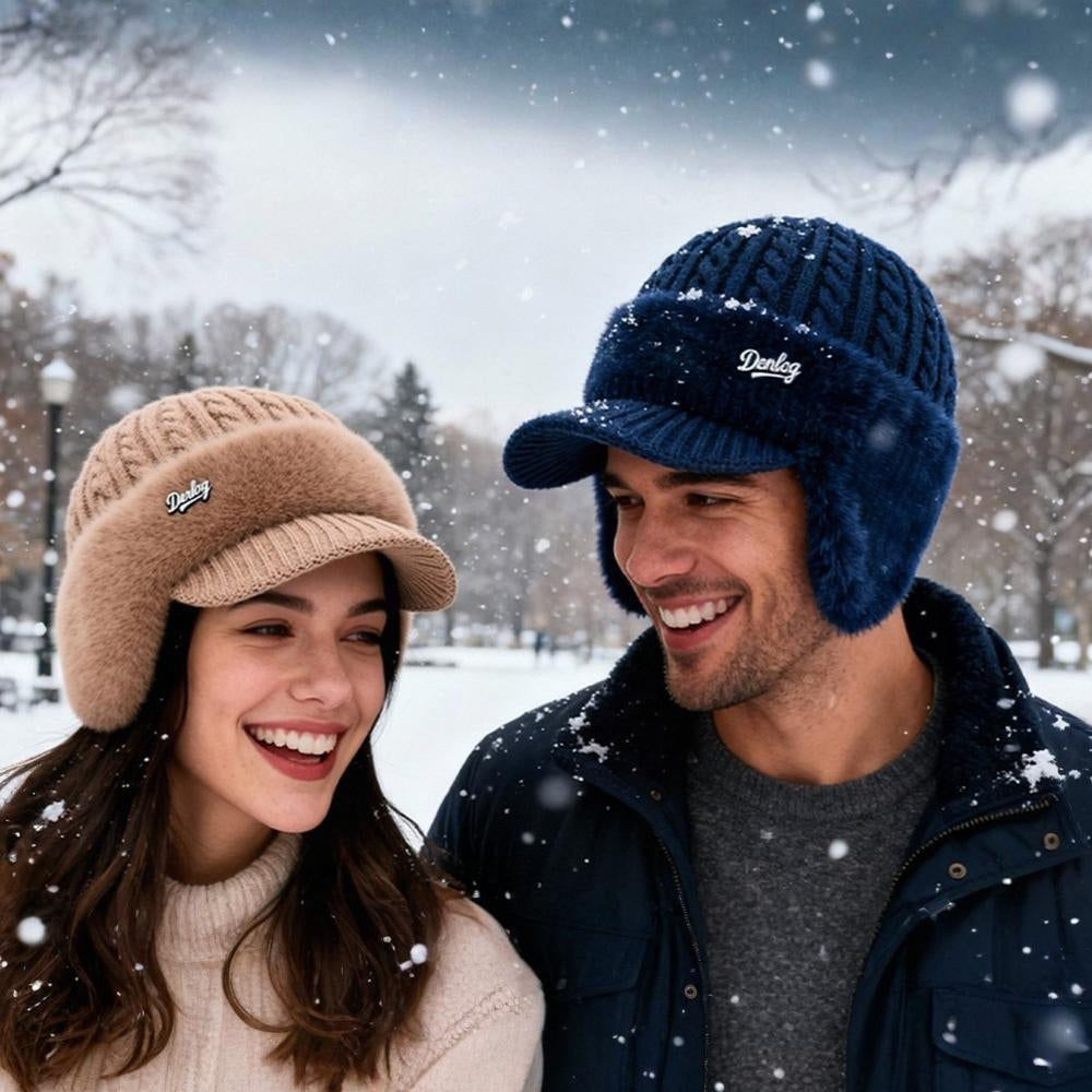 Blue trapper ear flap hat with knit crown and baseball visor