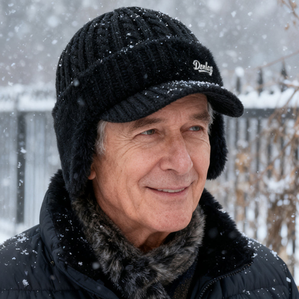 Black trapper ear flap hat with textured knit crown and ear coverage