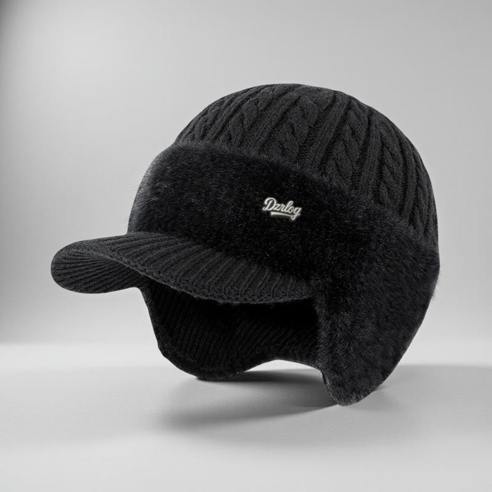 Black trapper ear flap hat with knit crown and baseball visor