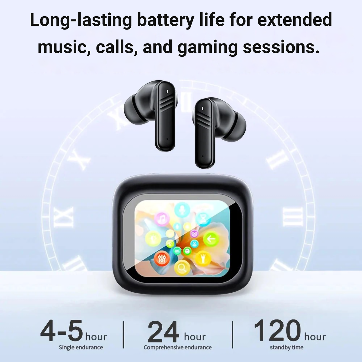 Black TWS earbuds and charging case with color touch screen display
