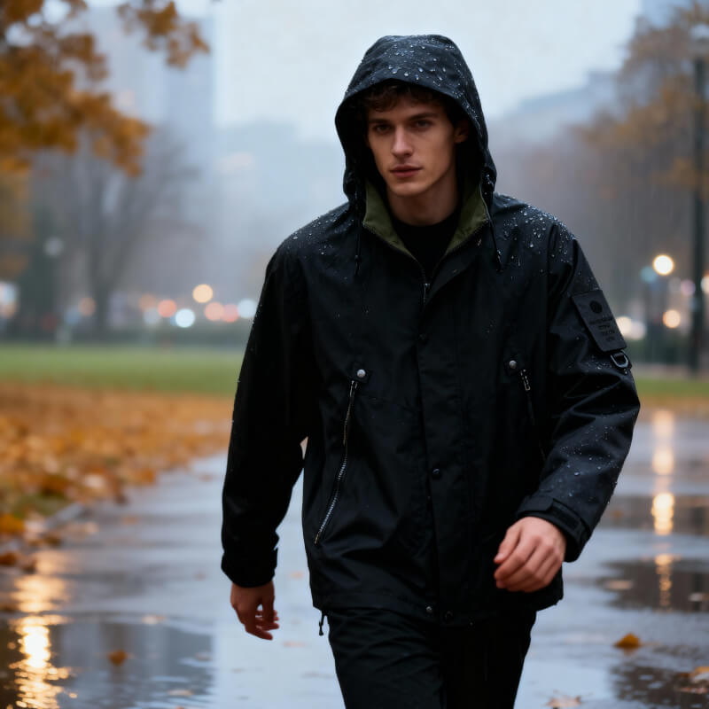 Adjustable hood softshell jacket, black color view