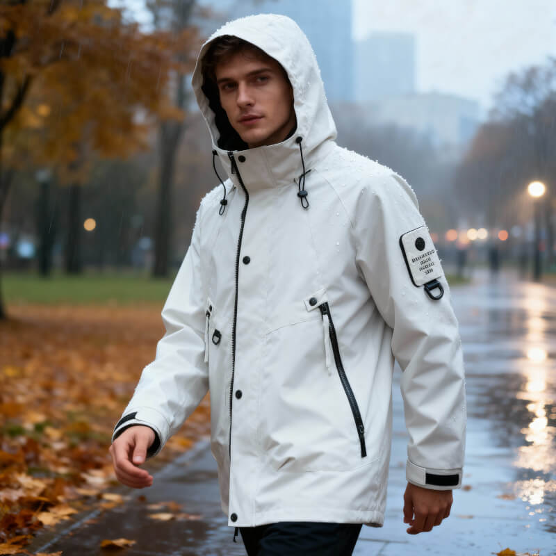 Adjustable hood softshell jacket, white color view
