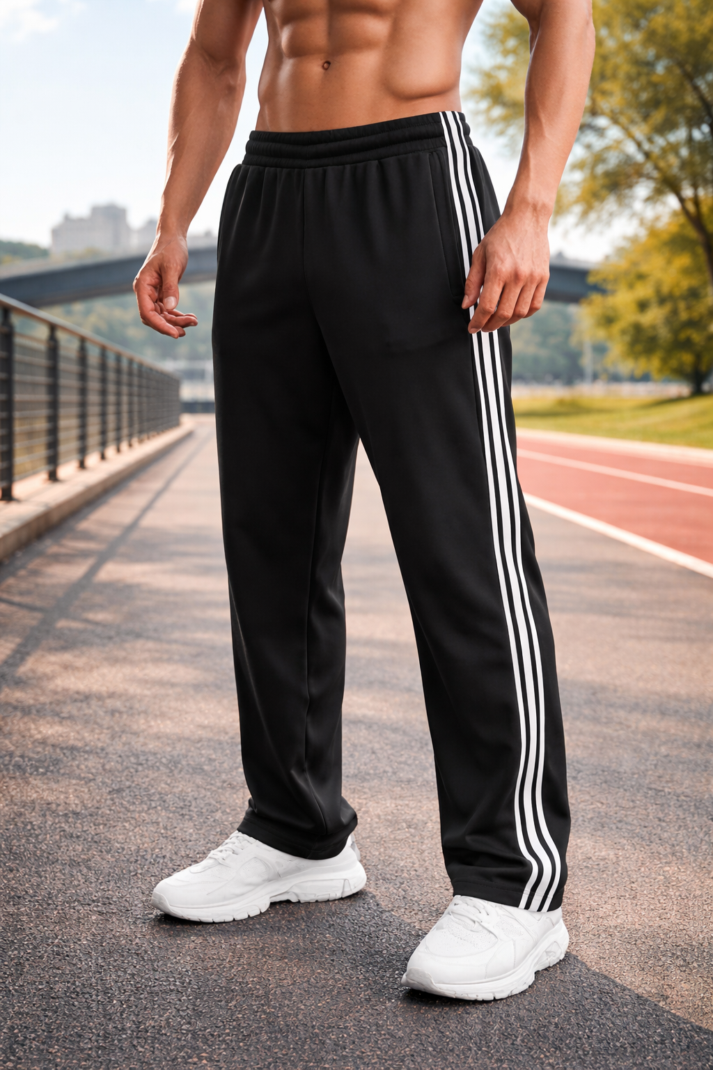 Men's black track pants with white side stripes, elastic waistband, tapered ankle cuffs.