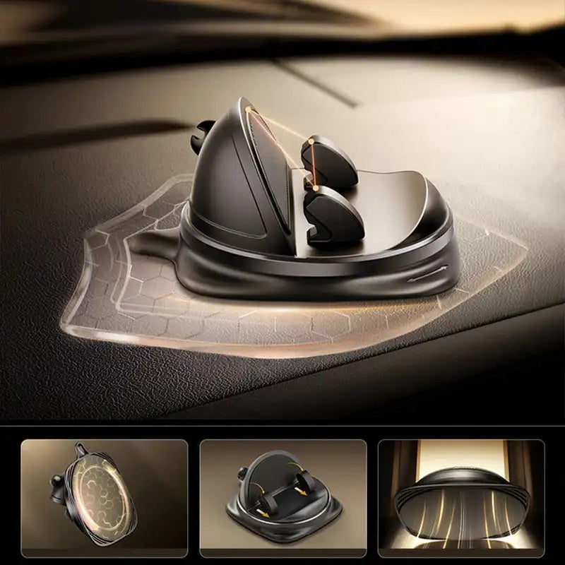 Black silicone car phone mount base on dashboard with clip-style holder