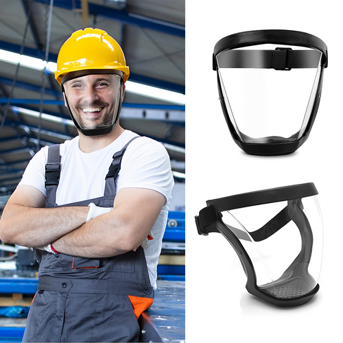 Anti-fog protective face shield worn with clear visor and black headband