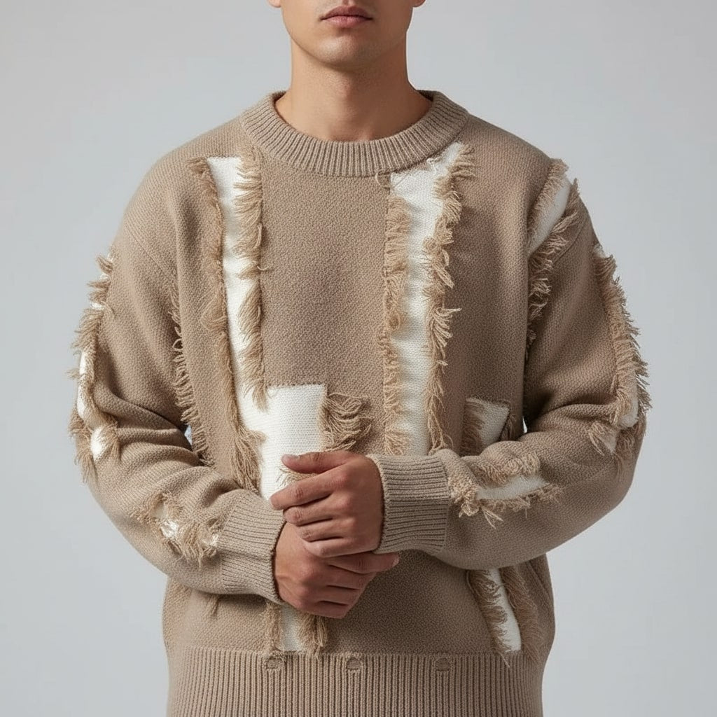 Textured frayed crewneck sweater, casual outfit view