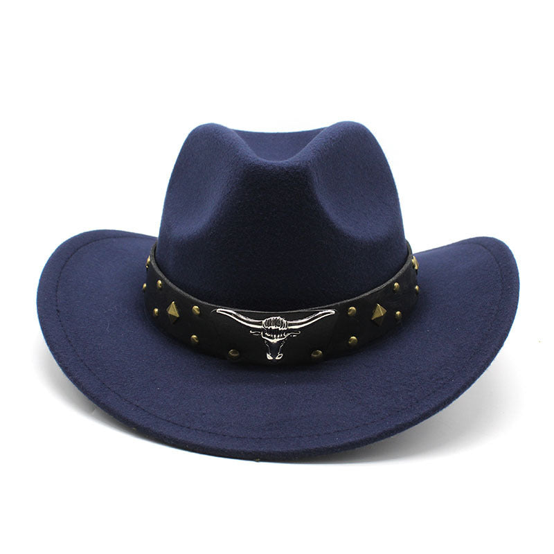 Navy blue western cowboy hat with studded band and silver bull head buckle detail