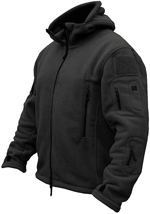 Dark gray hooded fleece jacket with front zipper and sleeve zip pockets