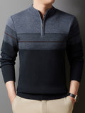 Quarter-zip striped knit sweater, side view
