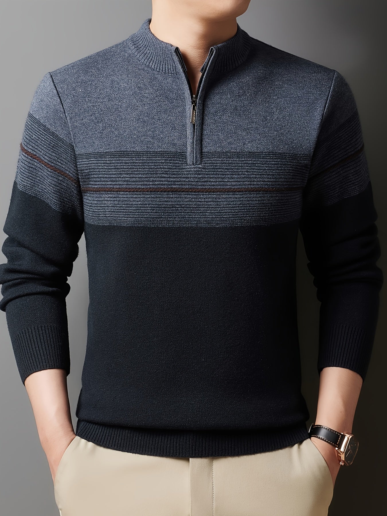 Quarter-zip striped knit sweater, side view