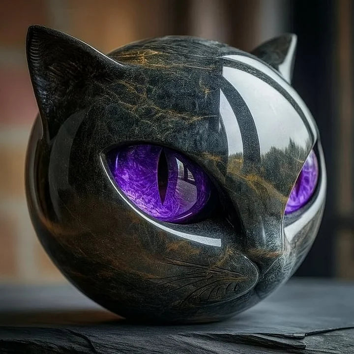 Black cat head sculpture with purple eyes and silver-striped detailing